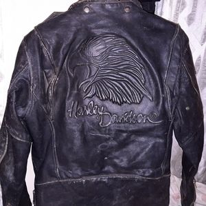 Distressed, rare, vintage, thick Harley Davidson Riding leather jacket.